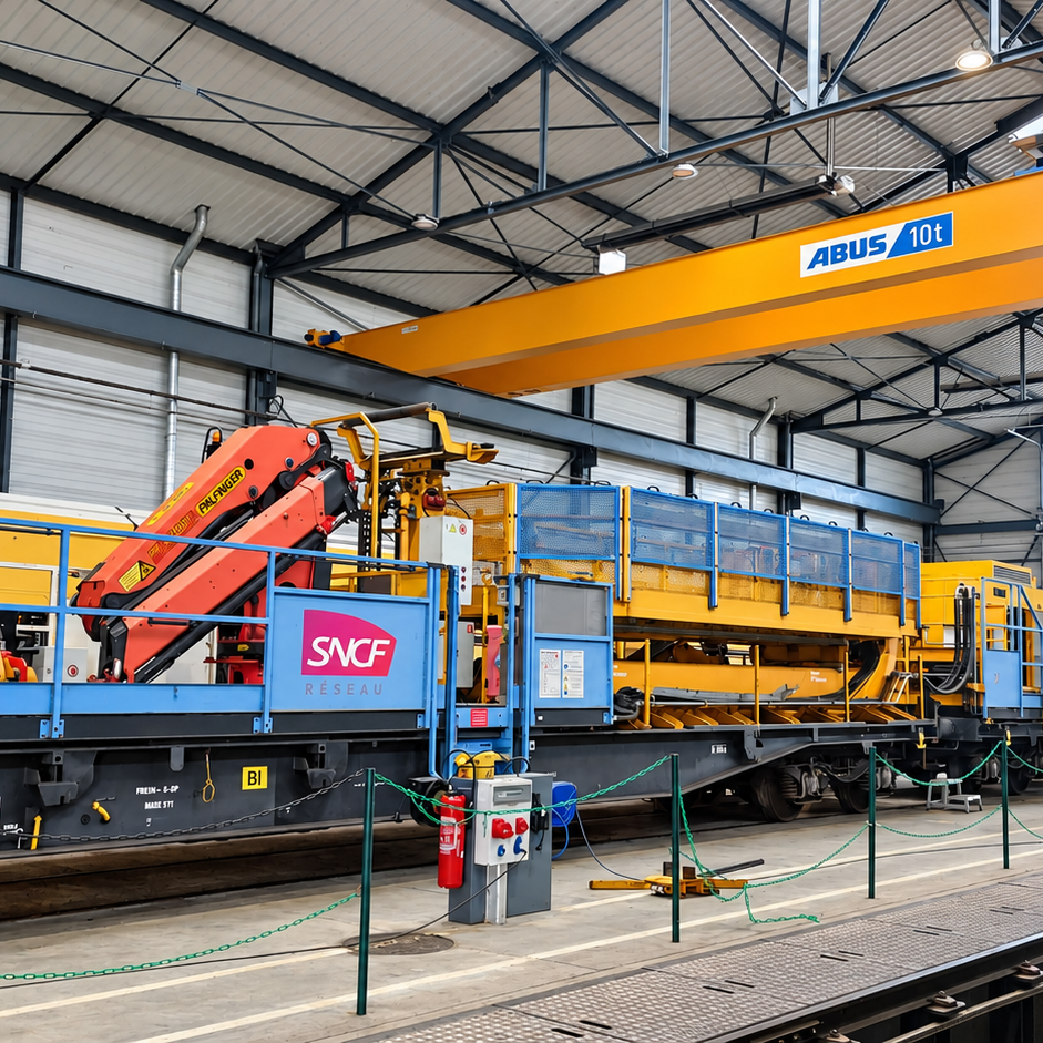 Train dérouleur de caténaires (TDC) de SNCF Réseau dans les ateliers NOVIUM pour une opération de maintenance ferroviaire.