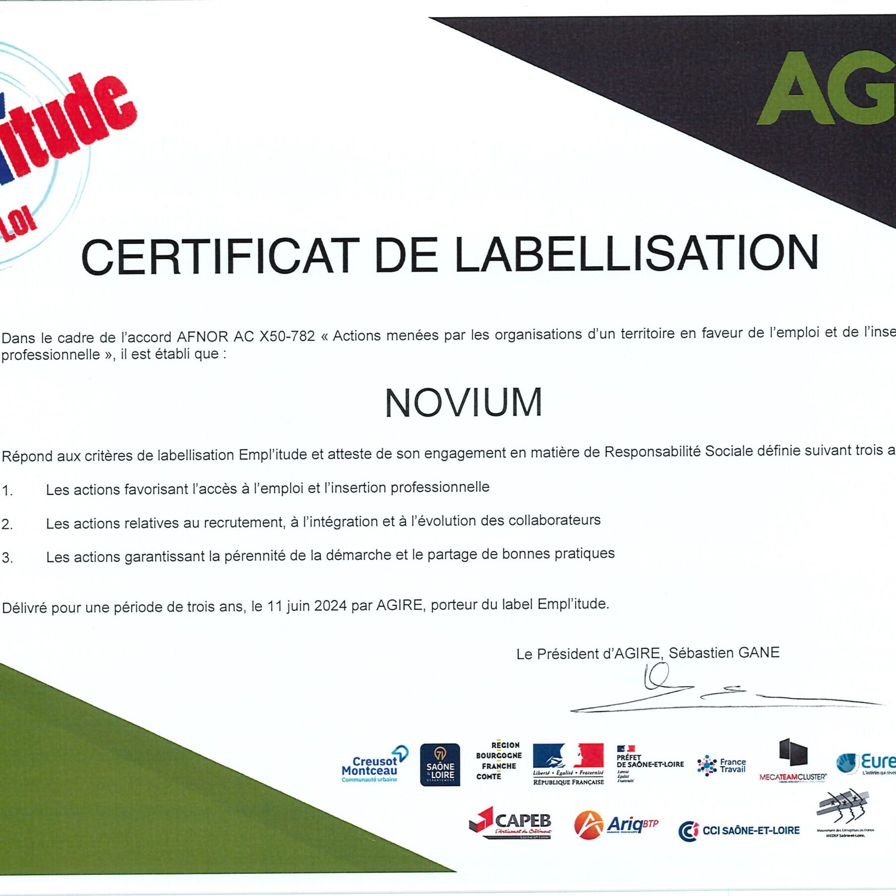 Label Emplitude Novium pour l’emploi, l’insertion professionnelle et les pratiques RH responsables.