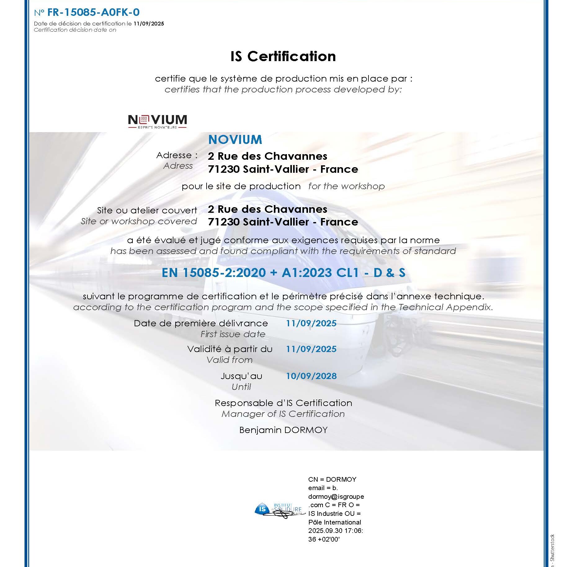 Certificat EN 15085-2 Novium pour le soudage de véhicules, composants et équipements ferroviaires.