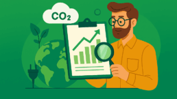 Illustration d’un homme analysant des données carbone, symbolisant le suivi de l’empreinte carbone dans le cadre de la stratégie RSE de Novium.