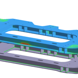 Analyse par éléments finis d’un châssis ferroviaire montrant les zones de contraintes sur la structure.
