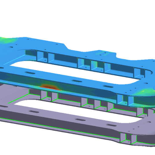 Analyse par éléments finis d’un châssis ferroviaire montrant les zones de contraintes sur la structure.