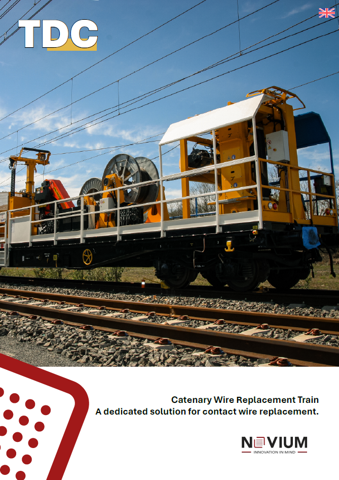 Front cover of the TDC technical brochure, a catenary renewal train designed for contact wire replacement.