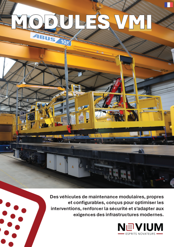 Premi&egrave;re de couverture de la plaquette technique VMI, gamme de v&eacute;hicules de maintenance modulaires, propres et configurables pour les infrastructures ferroviaires.
