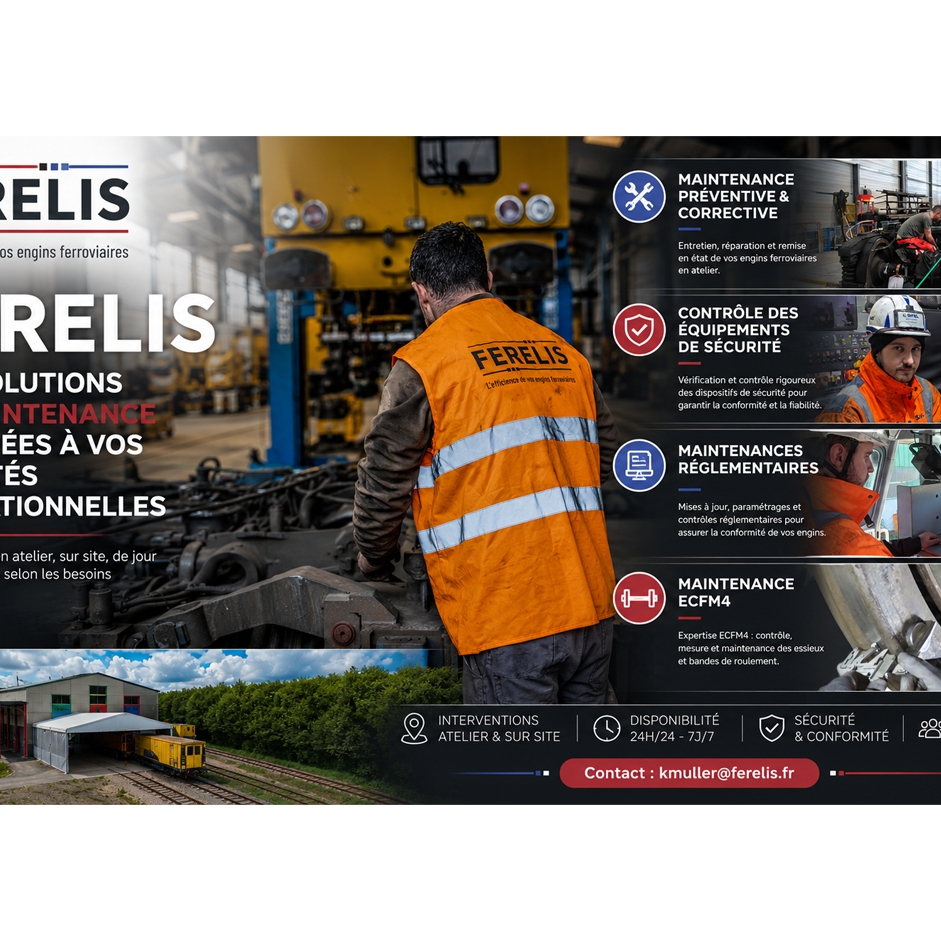 Technicien FERELIS en atelier et présentation des services de maintenance des engins ferroviaires.