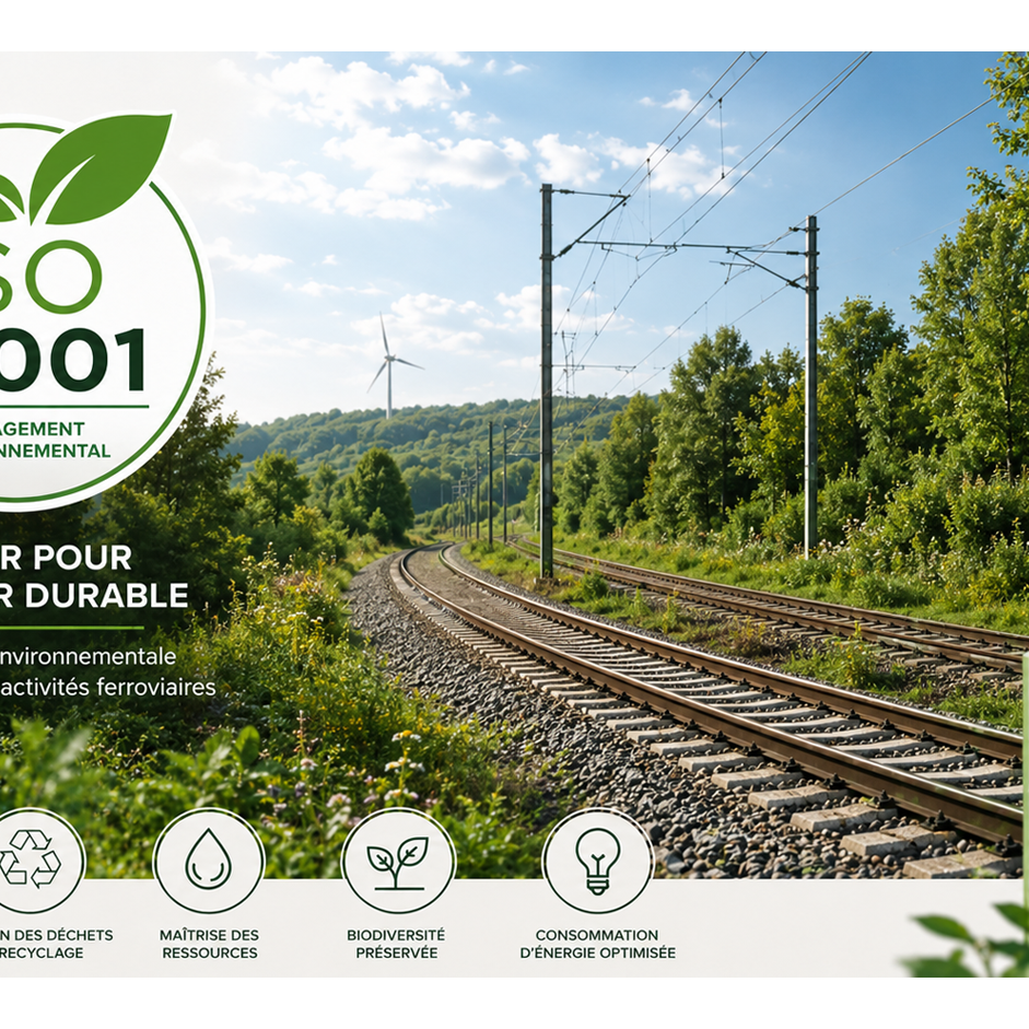 Visuel NOVIUM sur la démarche ISO 14001 et le management environnemental appliqué aux activités ferroviaires.
