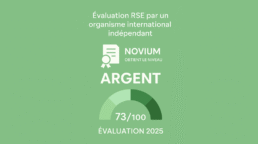 Infographie affichant l’évaluation RSE 2025 de NOVIUM avec un score de 73/100 et un niveau Argent, illustrée par une jauge de performance.