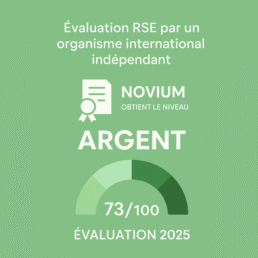 Infographie affichant l’évaluation RSE 2025 de NOVIUM avec un score de 73/100 et un niveau Argent, illustrée par une jauge de performance.