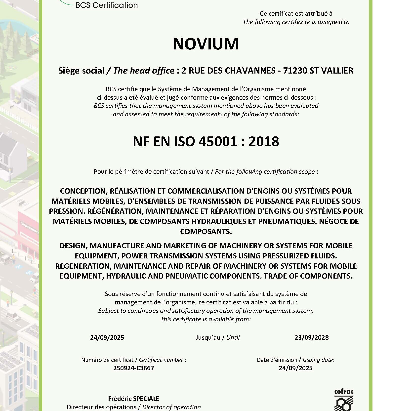 Certificat ISO 45001:2018 Novium pour la santé, la sécurité au travail et la prévention des risques industriels.