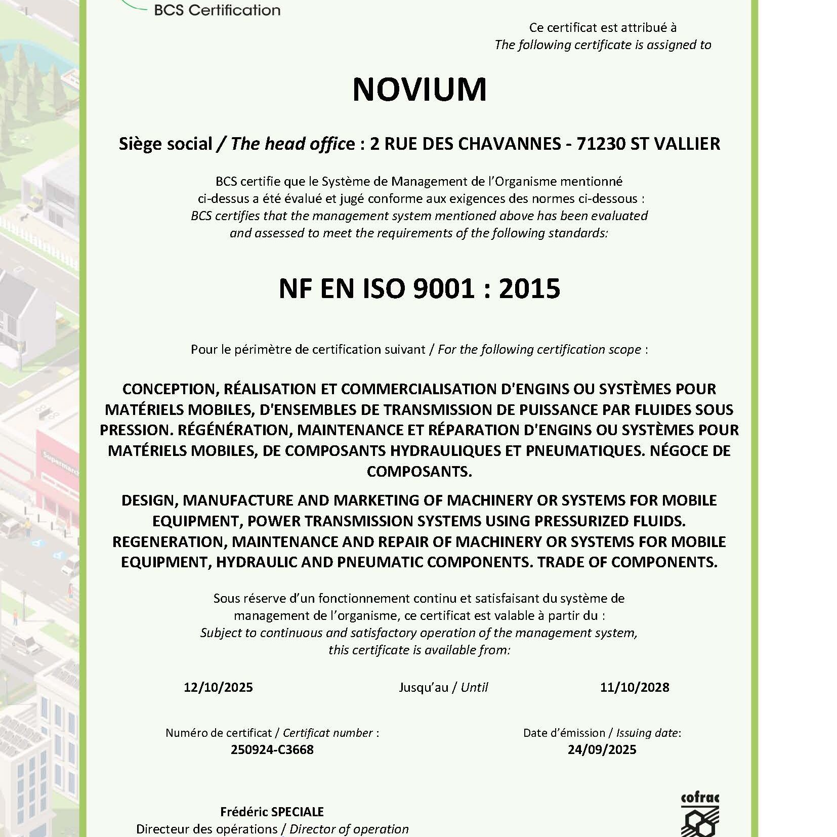 Certificat ISO 9001:2015 Novium pour la qualité industrielle, la conception et la maintenance d’engins mobiles.
