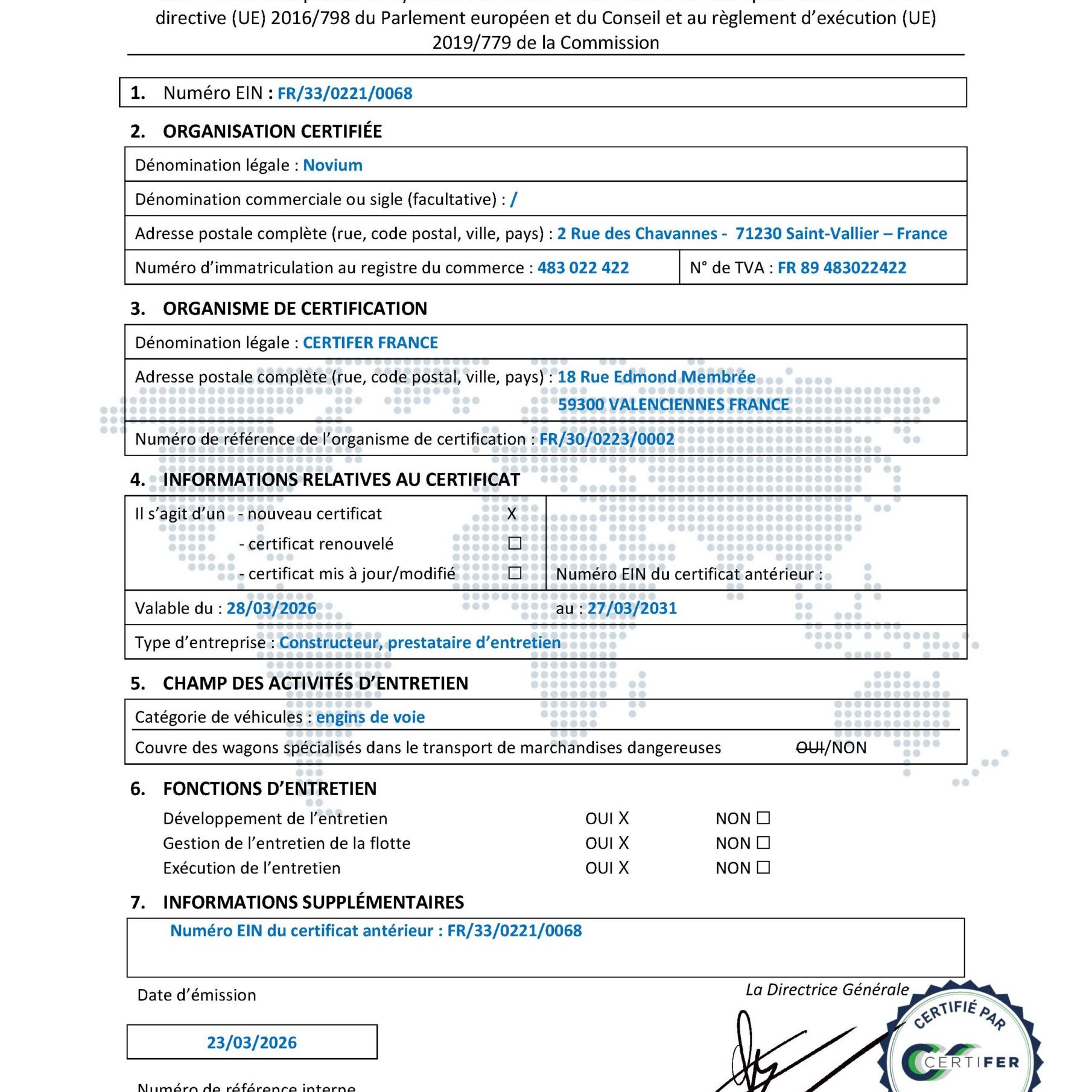 Certificat des fonctions d’entretien Novium pour la maintenance ferroviaire, la gestion de flotte et les engins de voie.