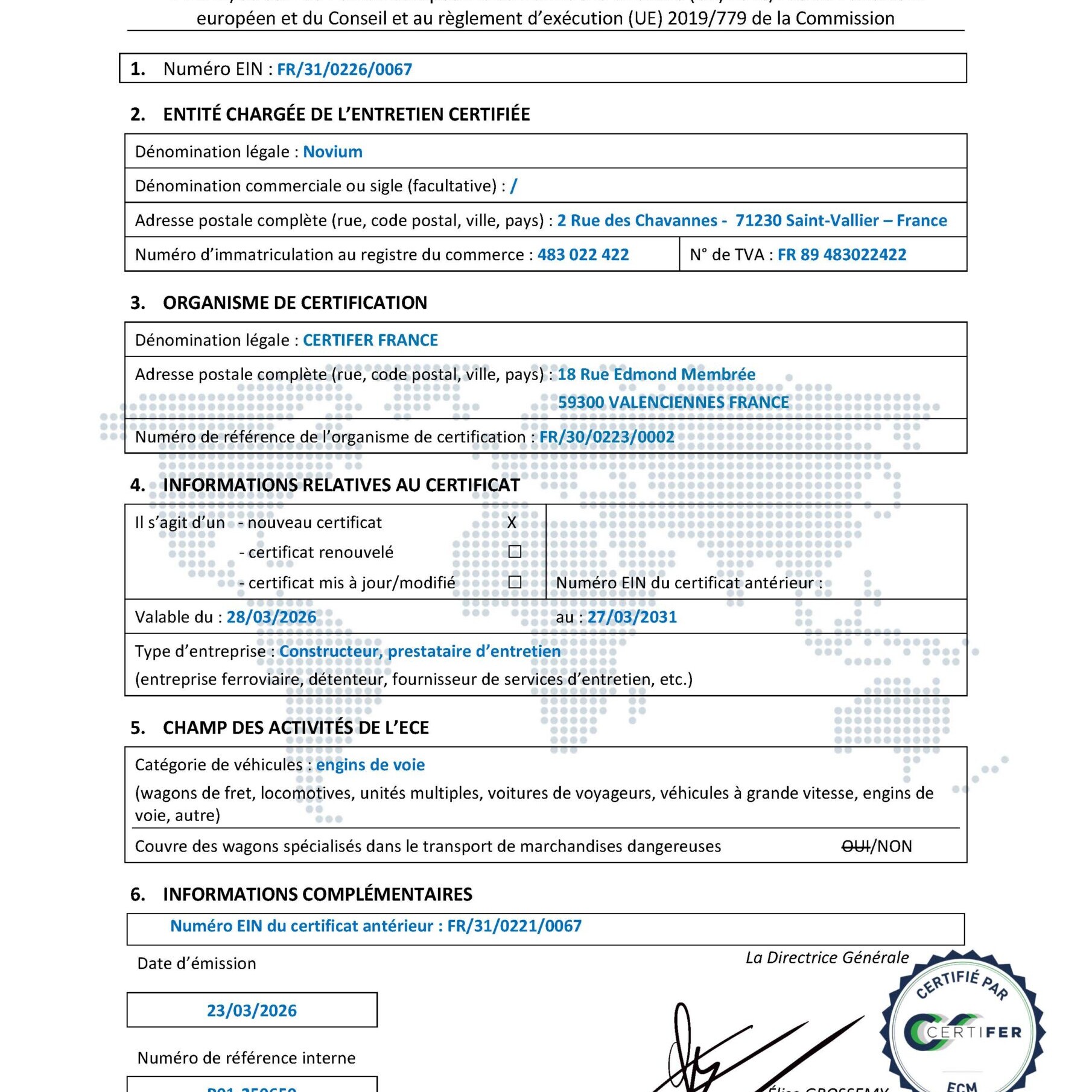 Certificat ECE ECM Novium pour l’entité chargée de l’entretien ferroviaire des engins de voie.