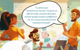 Illustration colorée de trois collaborateurs en discussion autour de l’inclusion au travail, extraite du livret de l’Aract Bourgogne-Franche-Comté.