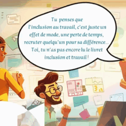 Illustration colorée de trois collaborateurs en discussion autour de l’inclusion au travail, extraite du livret de l’Aract Bourgogne-Franche-Comté.