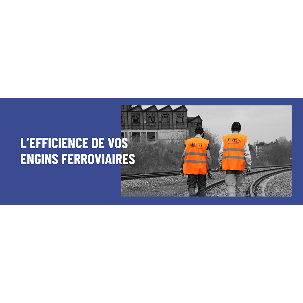 Deux agents FERELIS en gilet orange fluo marchent sur une voie ferrée, illustrant l’engagement pour l’efficacité des engins ferroviaires.