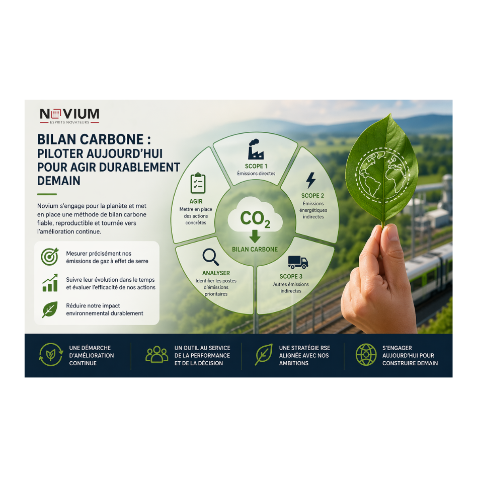 Infographie bilan carbone Novium avec scopes 1 2 3 émissions CO2 stratégie RSE et réduction empreinte carbone